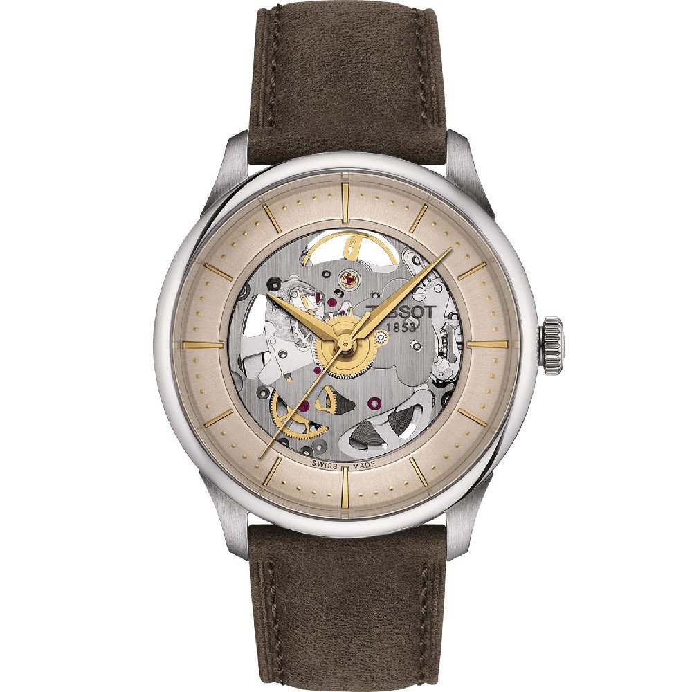 Montre Tissot avec boîtier argenté, cadran squeletté et bracelet en cuir marron.