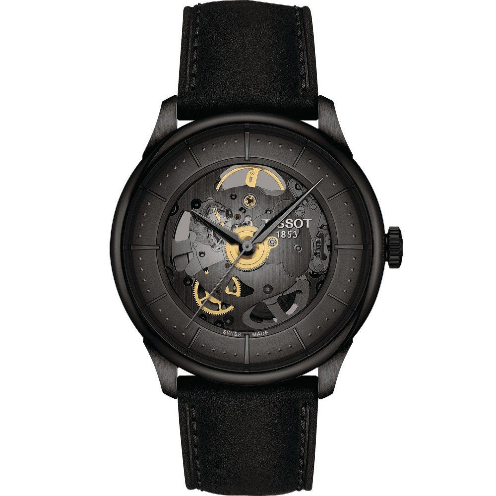 Montre Tissot Chemin Des Tourelles avec cadran squeletté noir et bracelet en cuir noir.