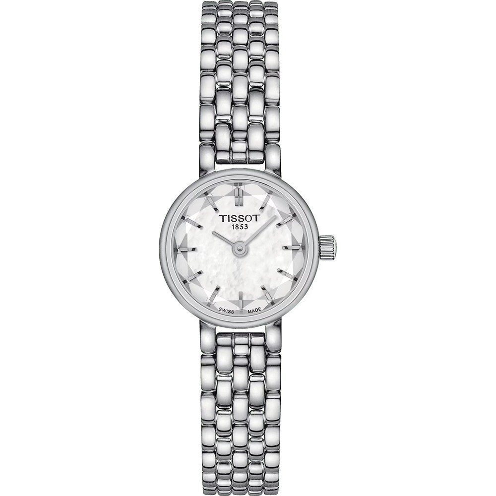 Montre Tissot Lovely Round en acier inoxydable avec un cadran argenté et un bracelet en maillons.