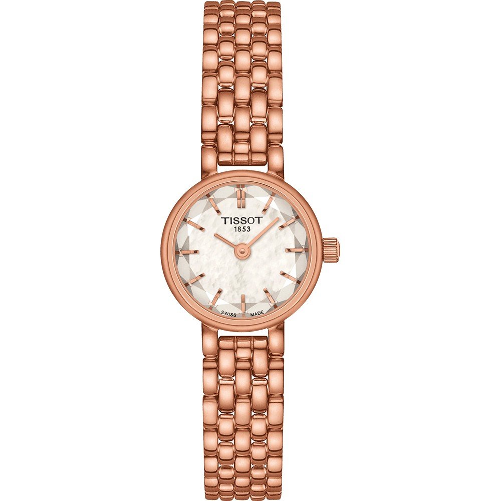 Montre Tissot Lovely Round avec un boîtier rose, un cadran argenté et un bracelet en maillons.