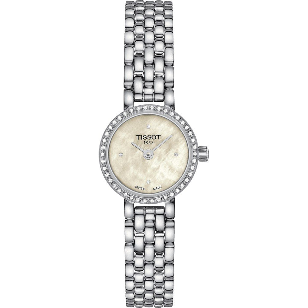 Montre Tissot Lovely Round en acier inoxydable avec un cadran beige et des cristaux sur la lunette.