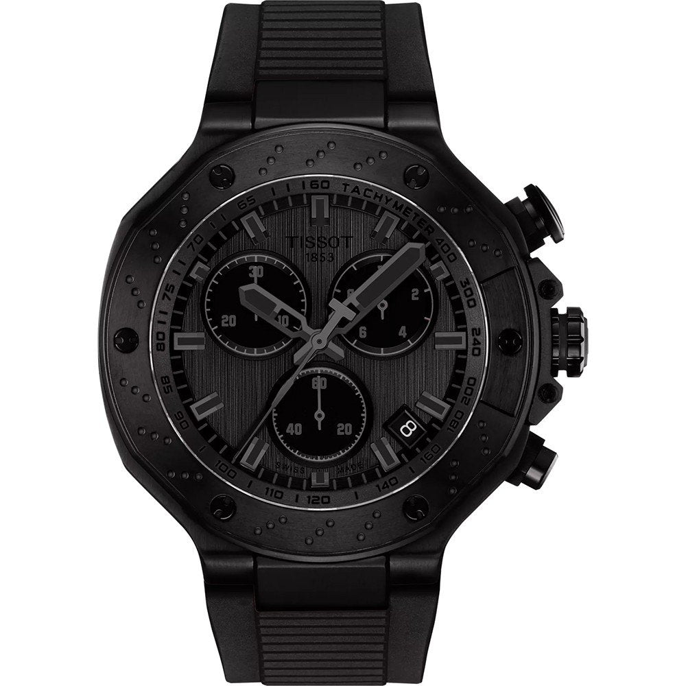 Montre Tissot T-Race Quartz Chronographe avec boîtier noir, cadran noir et bracelet en silicone.