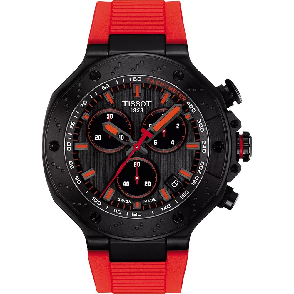 Montre Tissot T-Race avec boîtier noir, cadran noir et rouge, bracelet en silicone rouge.