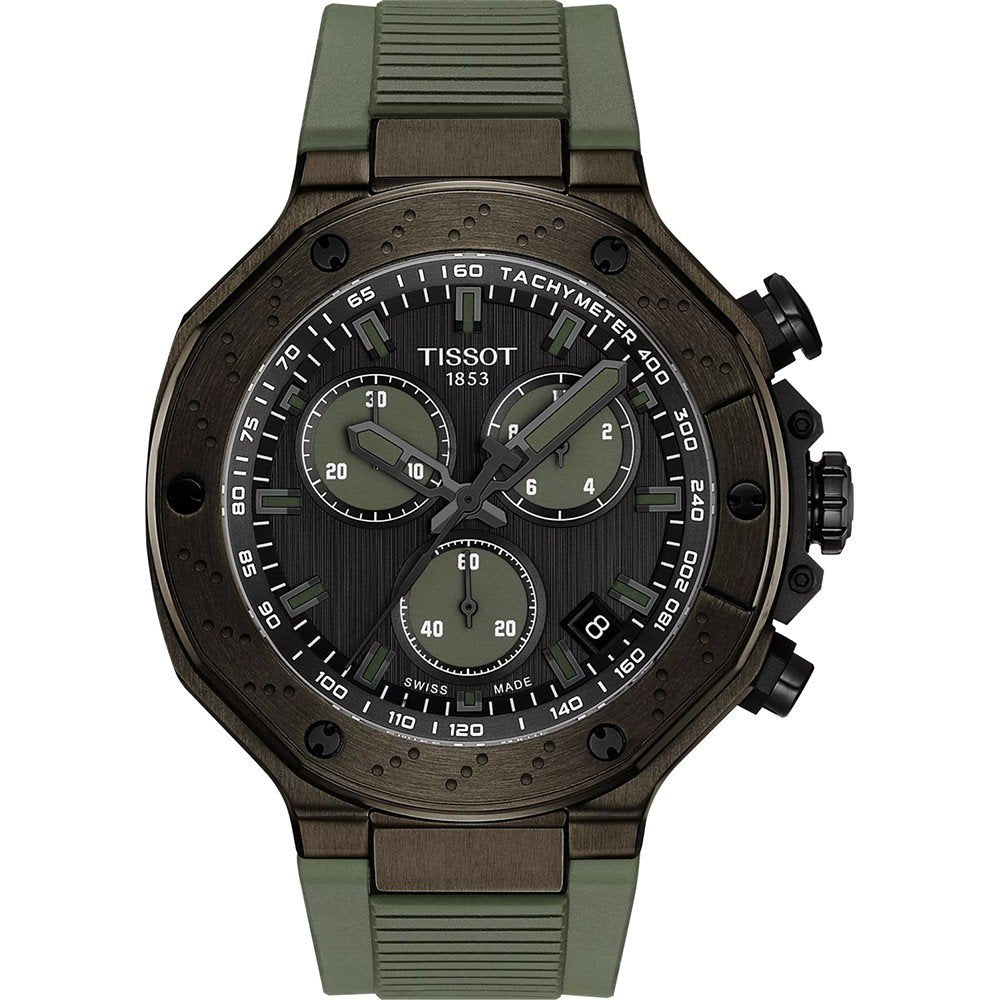 Montre Tissot T-Race avec boîtier noir, cadran gris et bracelet en silicone vert.