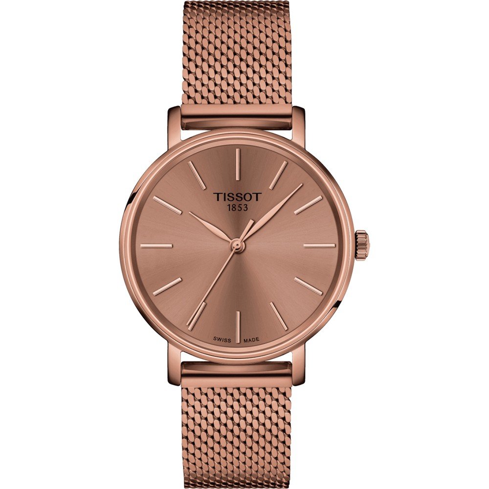 Montre Tissot Everytime de 34 mm avec boîtier et bracelet en acier inoxydable rose, cadran lisse.