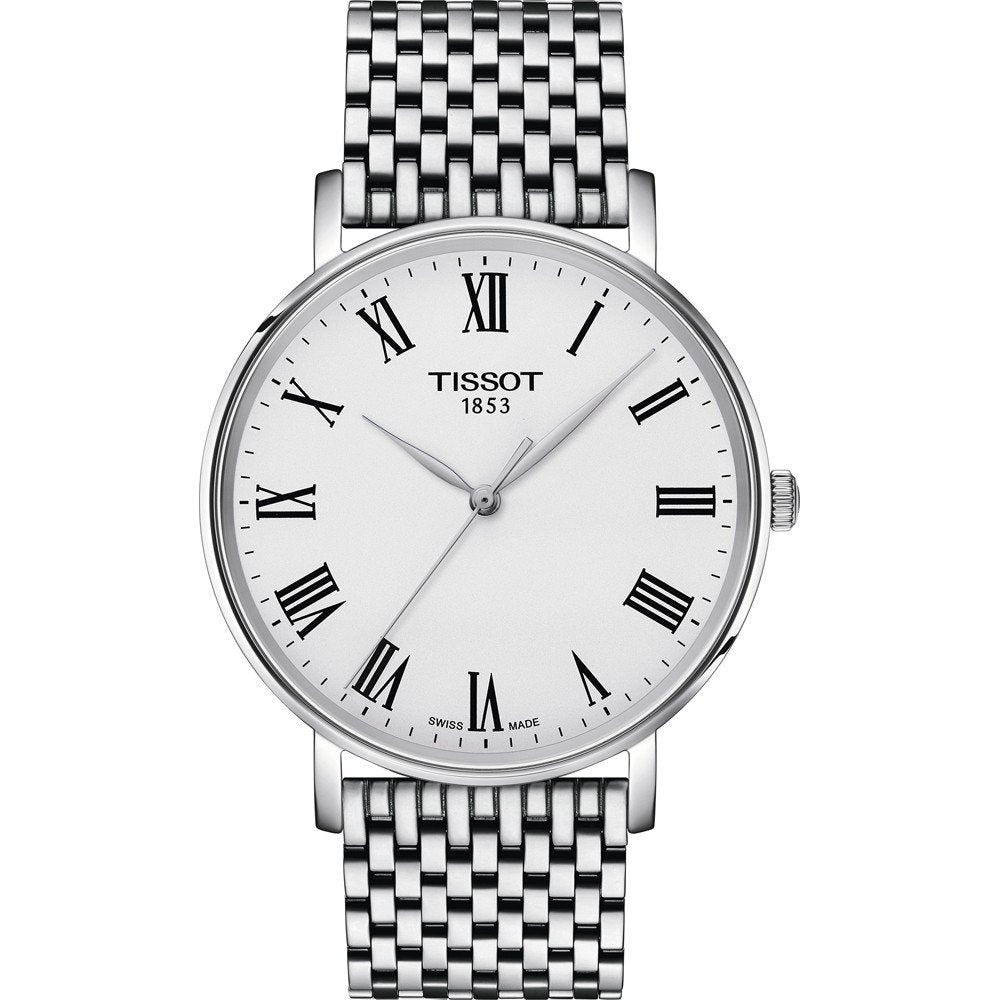 Montre Tissot Everytime de 40 mm avec un cadran blanc, des chiffres romains noirs et un bracelet en acier inoxydable tressé.