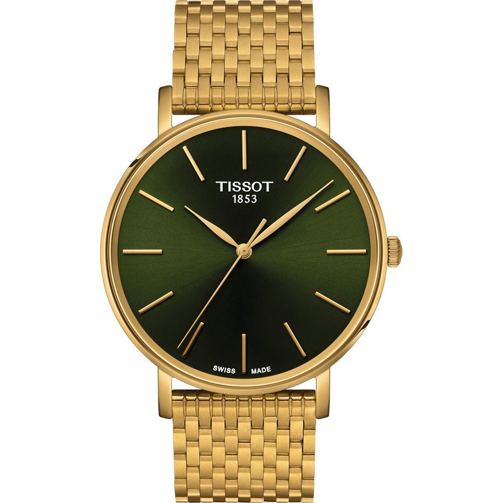 Montre Tissot Everytime de 40 mm avec un cadran vert et un bracelet en mailles dorées.
