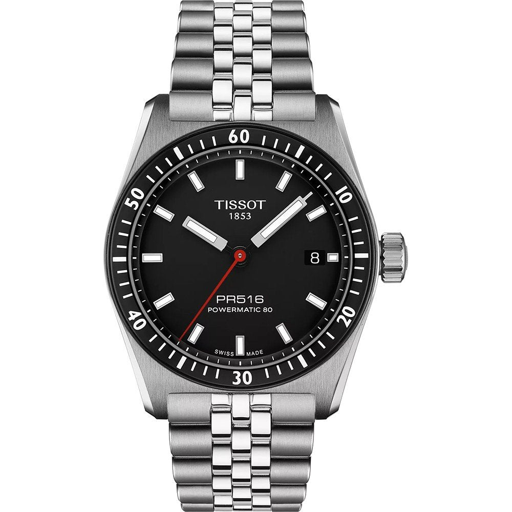 Montre Tissot PR516 avec cadran noir, boîtier en acier inoxydable et bracelet en acier à maillons.