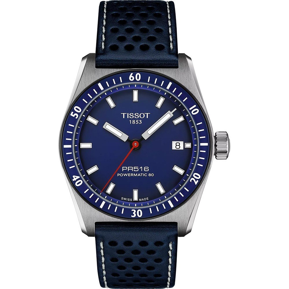 Montre Tissot PR516 avec cadran bleu, boîtier en acier inoxydable et bracelet en cuir perforé bleu.