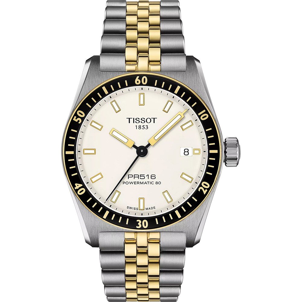 Montre Tissot PR516 avec boîtier en acier inoxydable, bracelet bicolore argenté et doré, cadran blanc.
