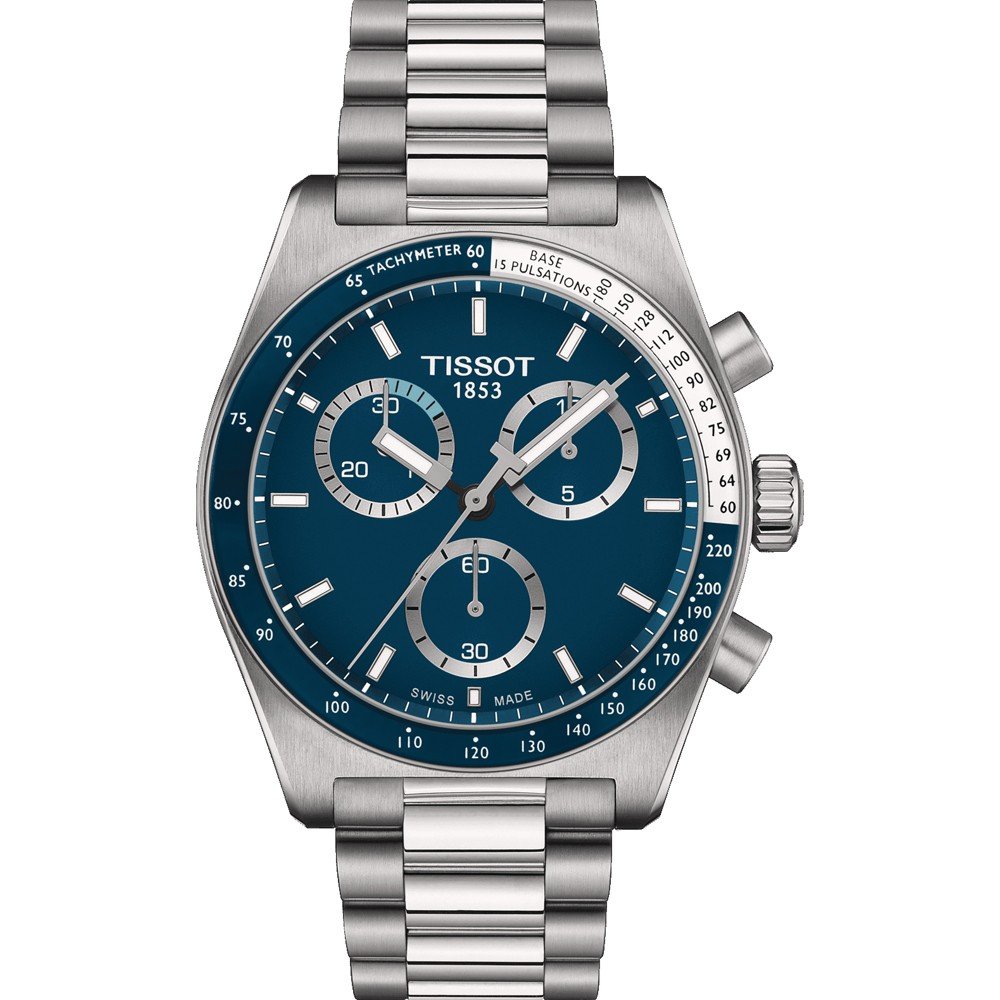 Montre Tissot PR516 avec un cadran bleu, boîtier en acier inoxydable et bracelet en acier.
