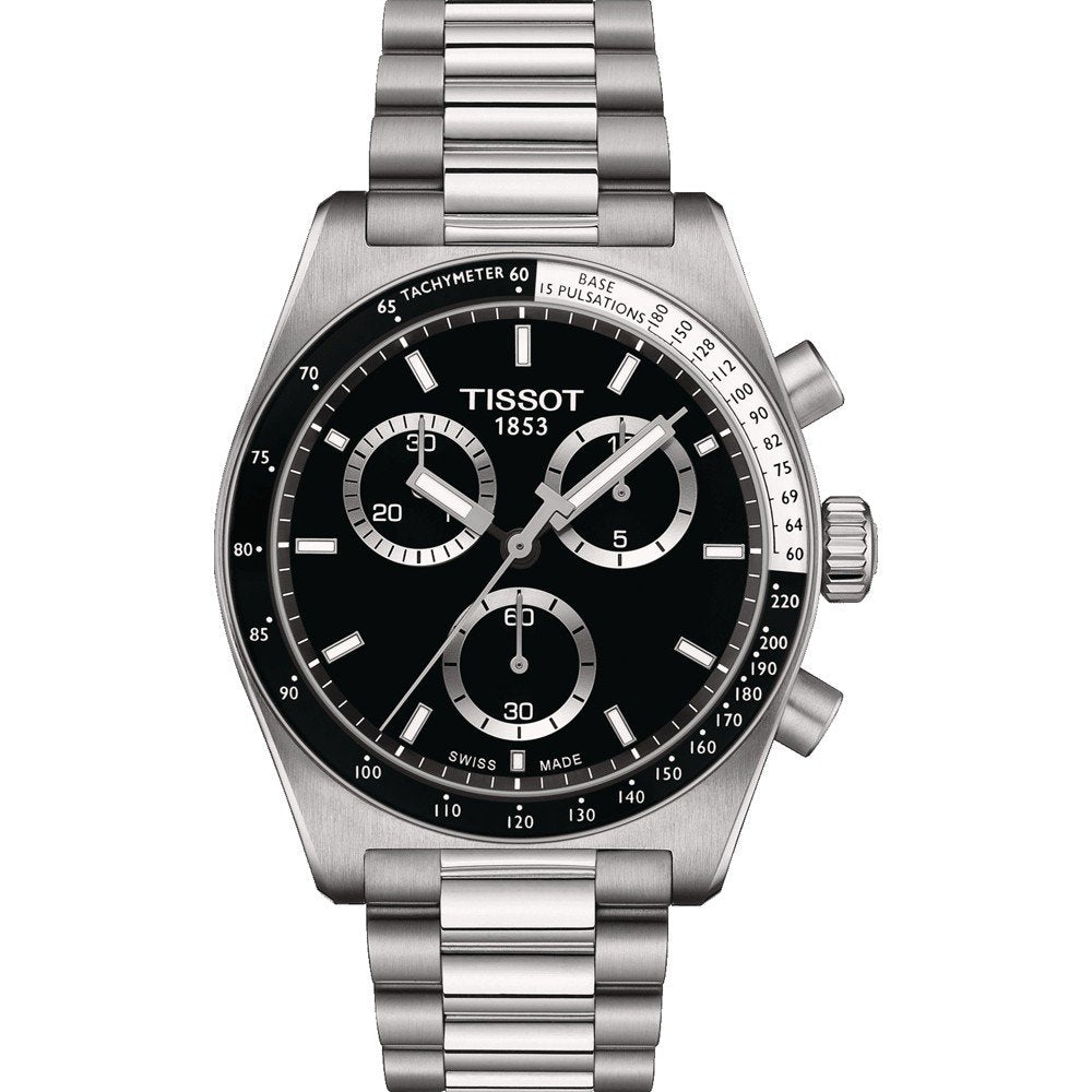 Montre Tissot PR516 avec boîtier en acier inoxydable, cadran noir et bracelet à maillons.