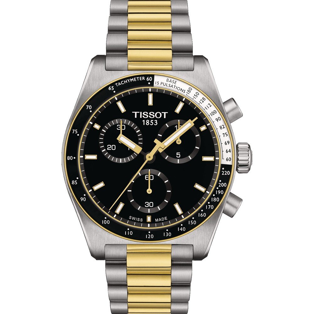 Montre Tissot PR516 avec boîtier en acier inoxydable, cadran noir et bracelet bicolore en acier doré et argenté.