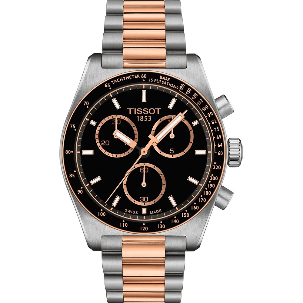 Montre Tissot PR516 avec boîtier en acier inoxydable, bracelet bicolore en acier et or rose, cadran noir avec chronographe.