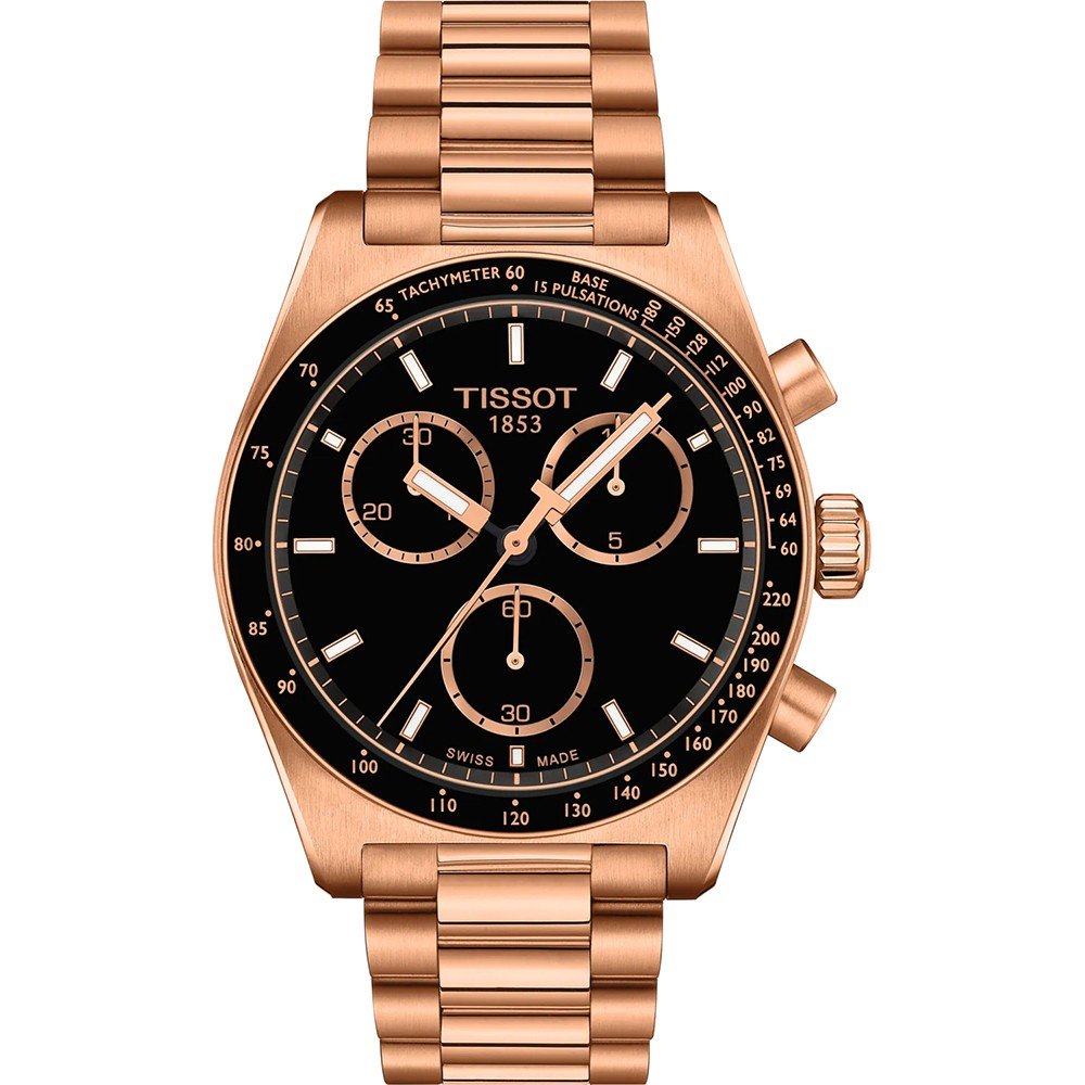 Montre Tissot PR516 en acier inoxydable rose avec cadran noir et chronographe.