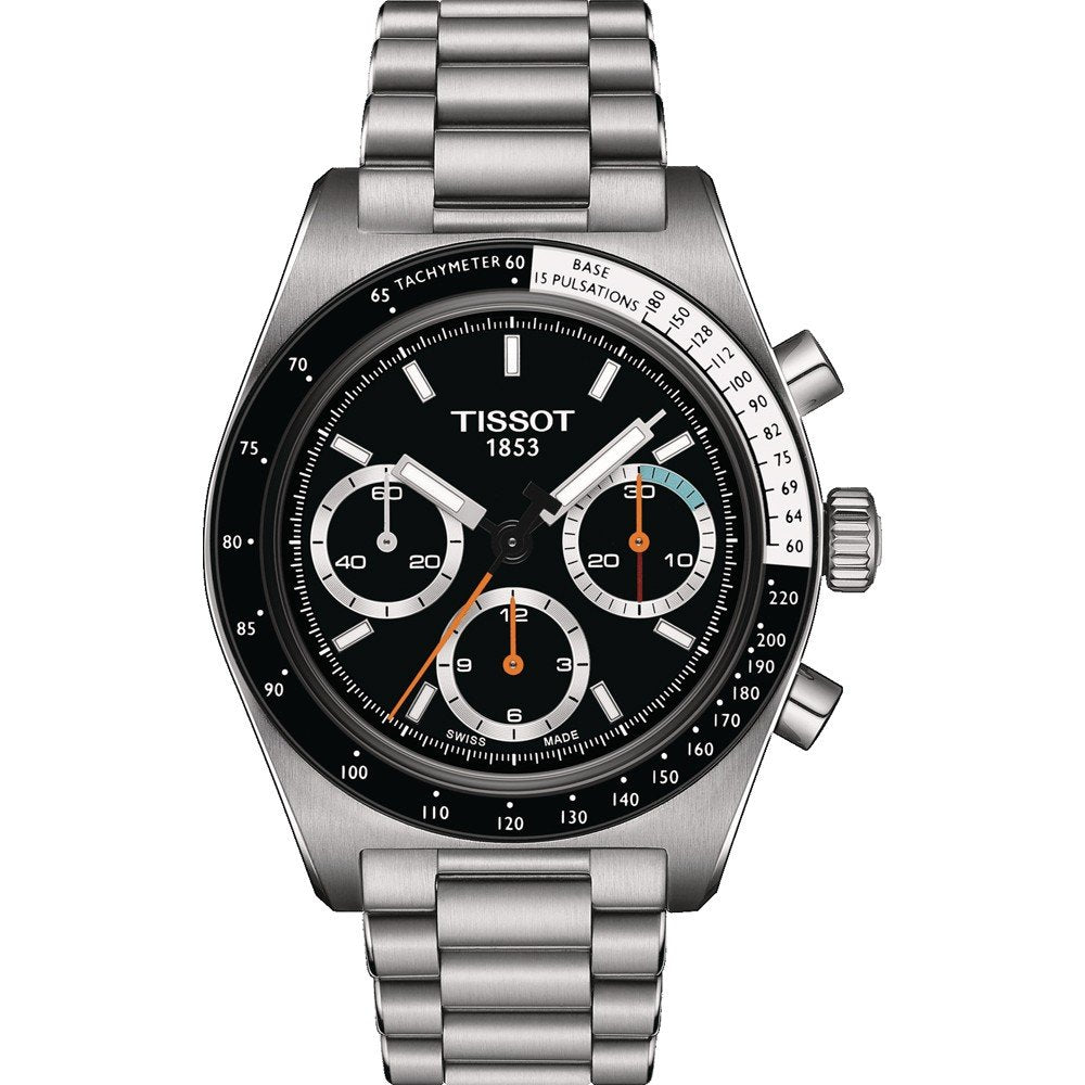 Montre chronographe mécanique Tissot avec boîtier en acier inoxydable, cadran noir et bracelet en acier.