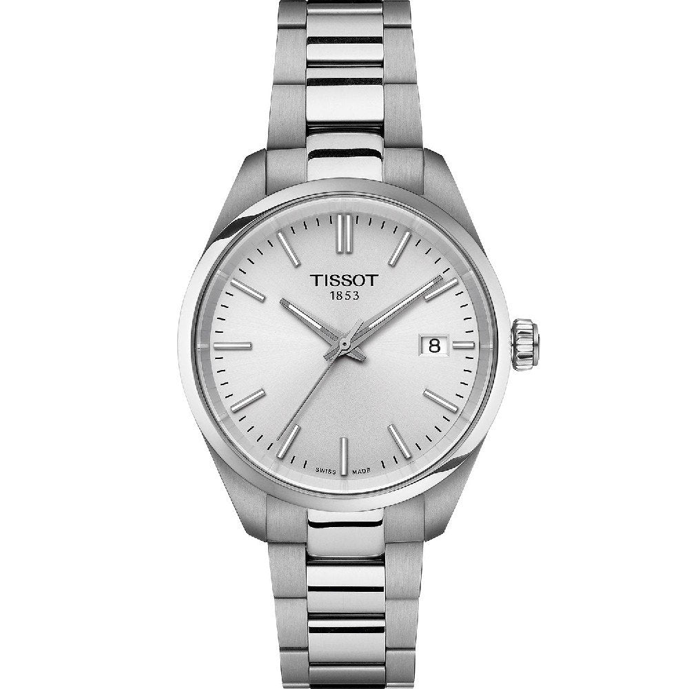 Montre Tissot PR 100 avec un cadran argenté et un boîtier en acier inoxydable, bracelet à maillons.