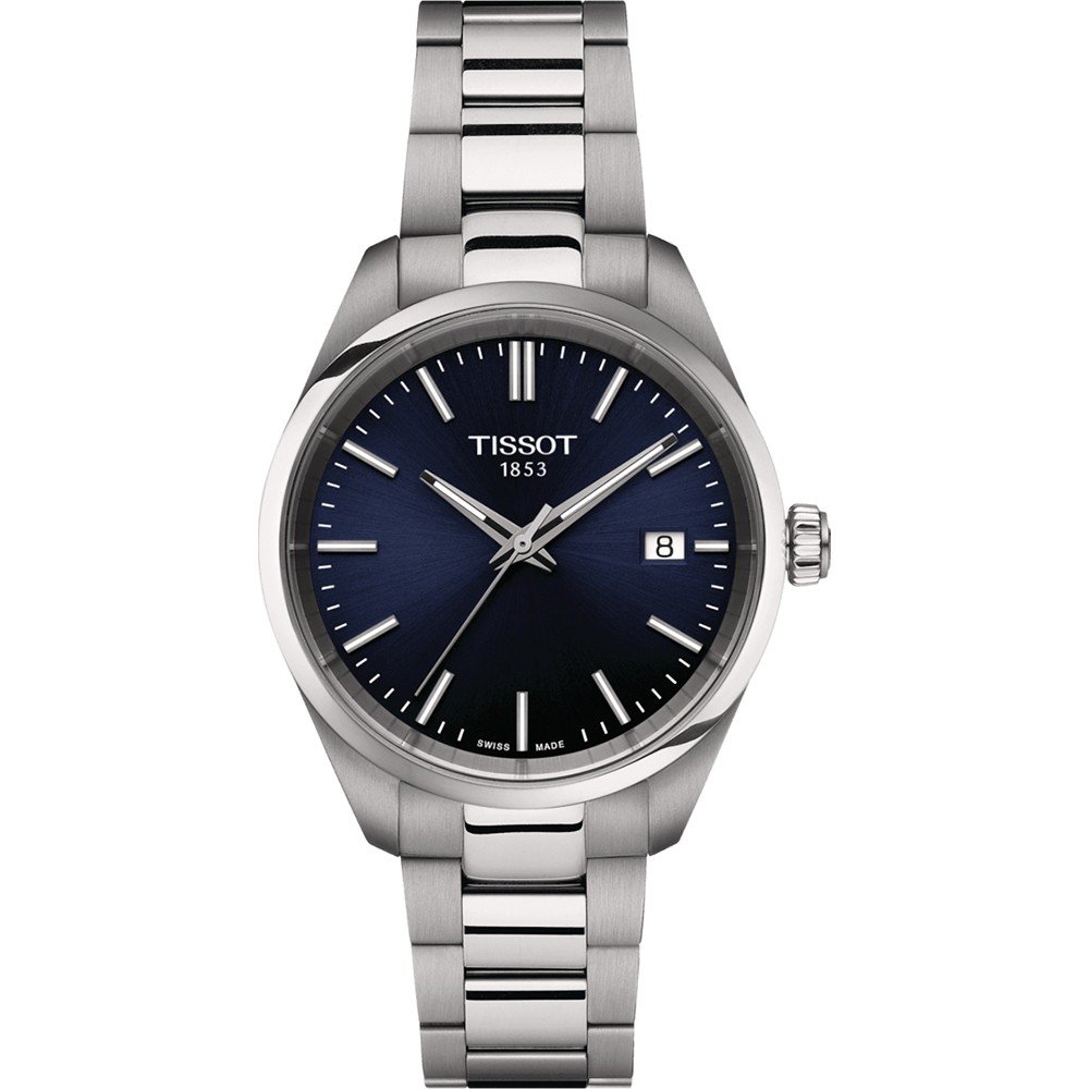 Montre Tissot PR 100 avec un cadran bleu, boîtier en acier inoxydable et bracelet en métal.