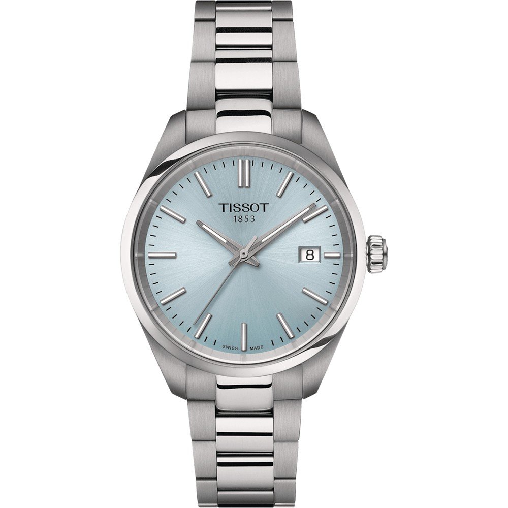 Montre Tissot PR 100 de 34 mm avec cadran bleu clair et bracelet en acier inoxydable.