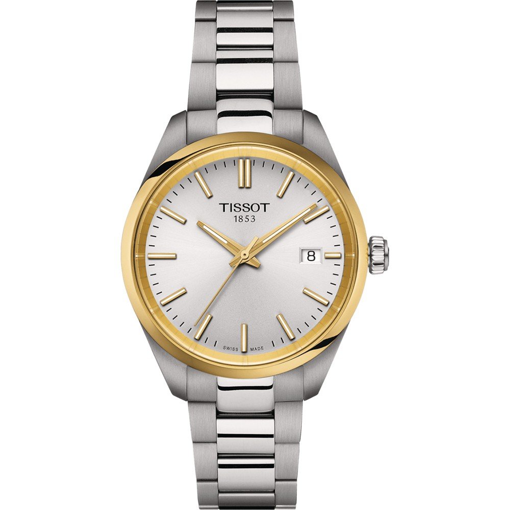 Montre Tissot PR 100 avec boîtier en acier inoxydable argenté et lunette dorée, cadran argenté et bracelet en acier.