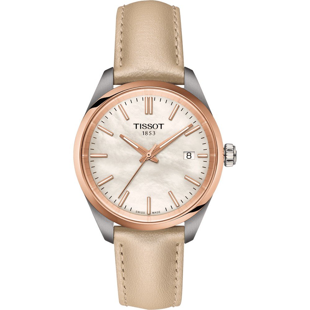 Montre Tissot PR 100 avec boîtier en acier inoxydable, cadran nacré et bracelet en cuir beige.