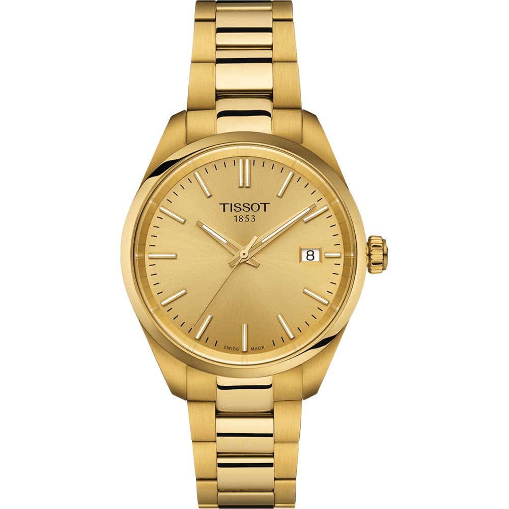 Montre Tissot PR 100 de 34 mm avec boîtier et bracelet en acier inoxydable doré, cadran doré et dateur.