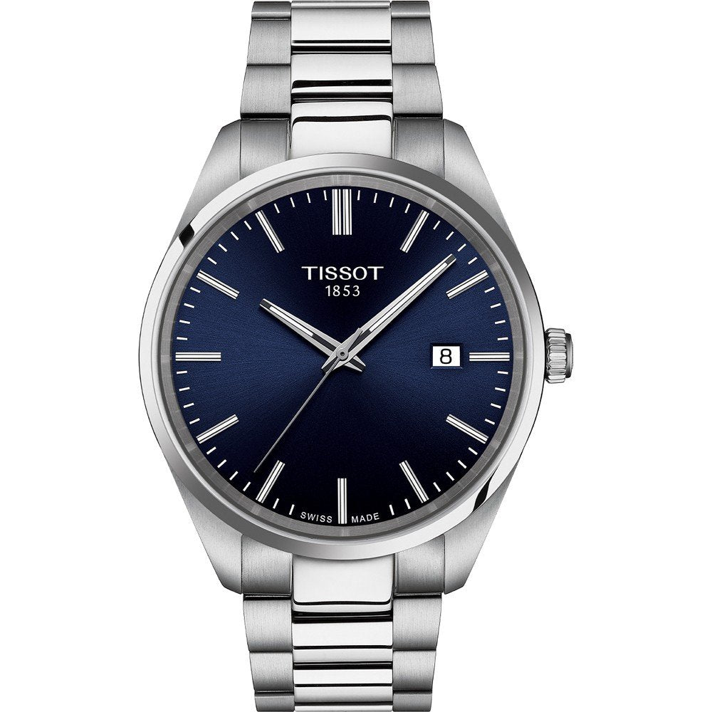 Montre Tissot PR 100 avec boîtier en acier inoxydable, cadran bleu et bracelet en acier.