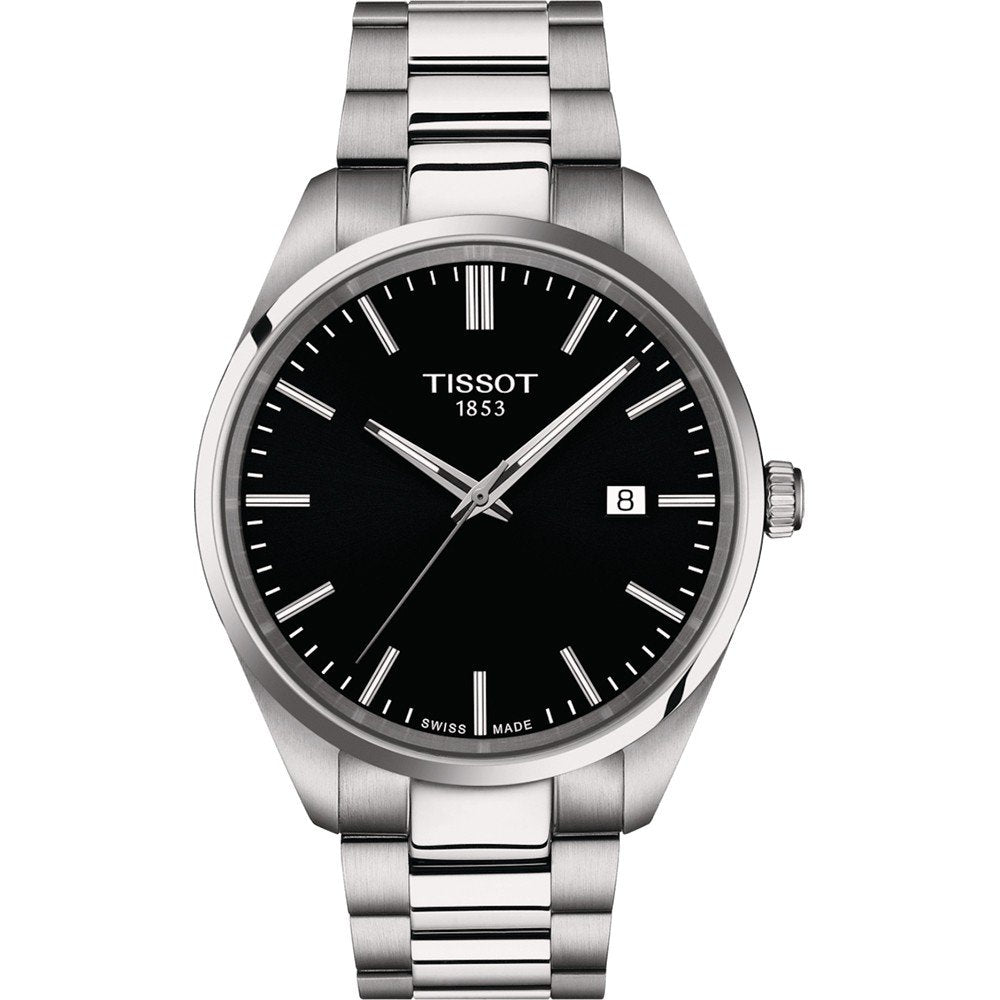 Montre Tissot PR 100 avec boîtier en acier inoxydable, cadran noir et bracelet à maillons.