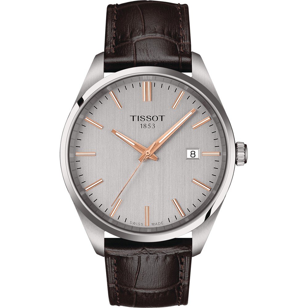 Montre Tissot PR 100 avec cadran argenté, boîtier en acier inoxydable et bracelet en cuir marron.