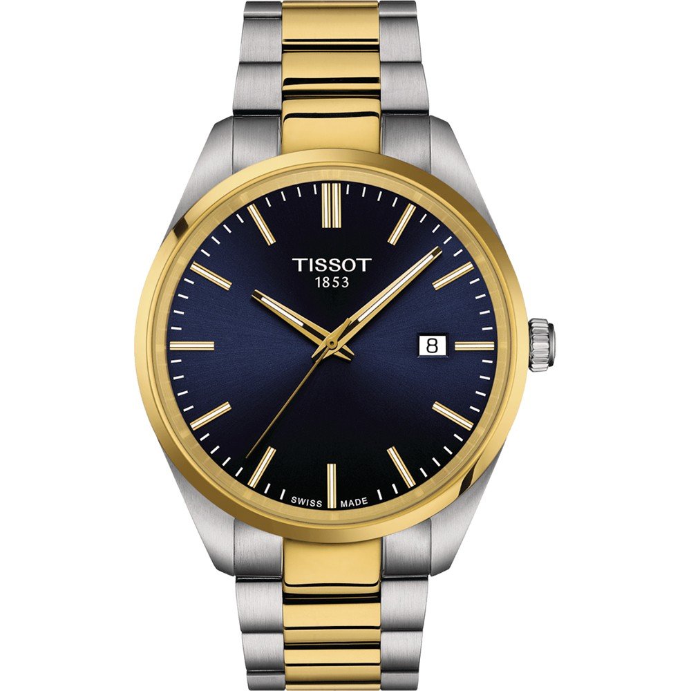 Montre Tissot PR 100 avec un boîtier en acier inoxydable doré et argenté, cadran bleu et bracelet à maillons.
