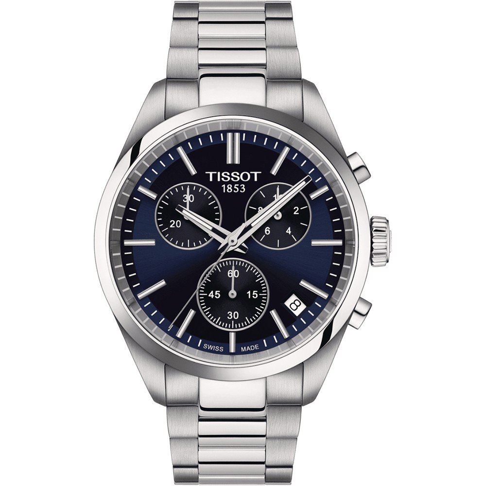 Montre Tissot PR 100 avec boîtier en acier inoxydable, cadran bleu et bracelet en acier.