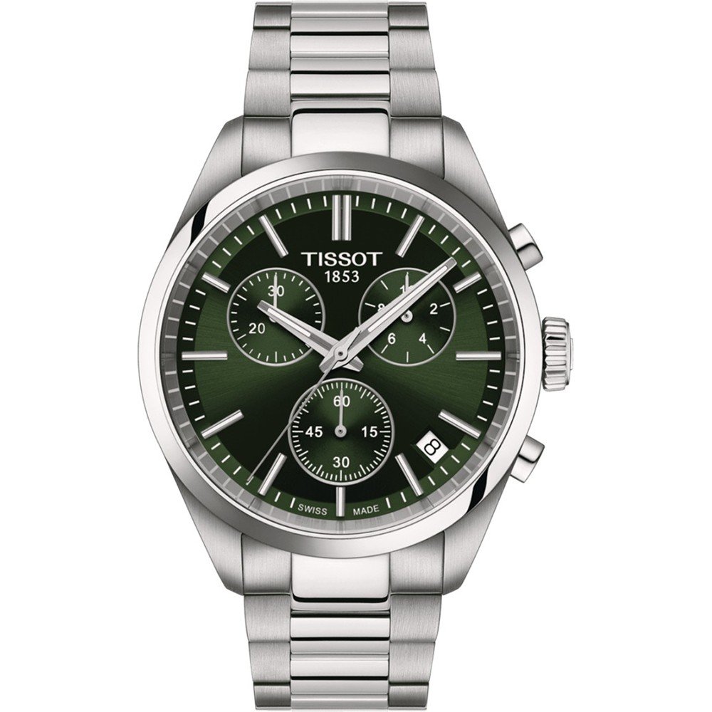 Montre Tissot PR 100 avec cadran vert, boîtier en acier inoxydable et bracelet en acier.