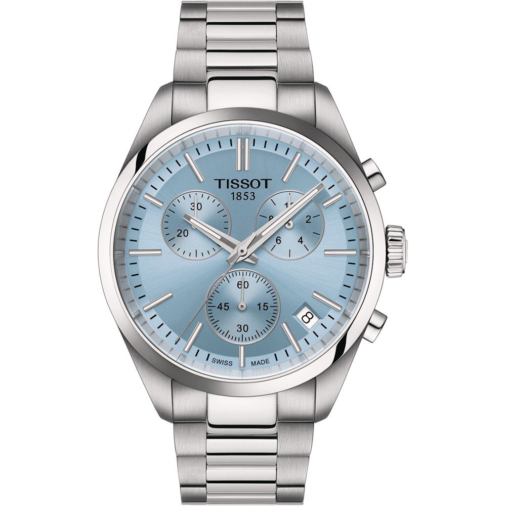 Montre Tissot PR 100 avec cadran bleu, boîtier en acier inoxydable et bracelet en acier.