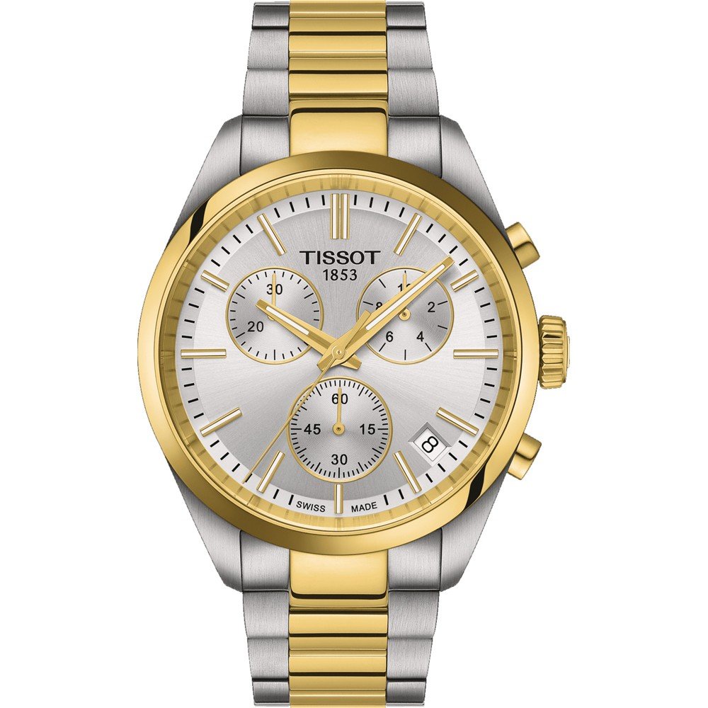 Montre Tissot PR 100 avec boîtier en acier inoxydable argenté et doré, cadran argenté et bracelet à maillons.