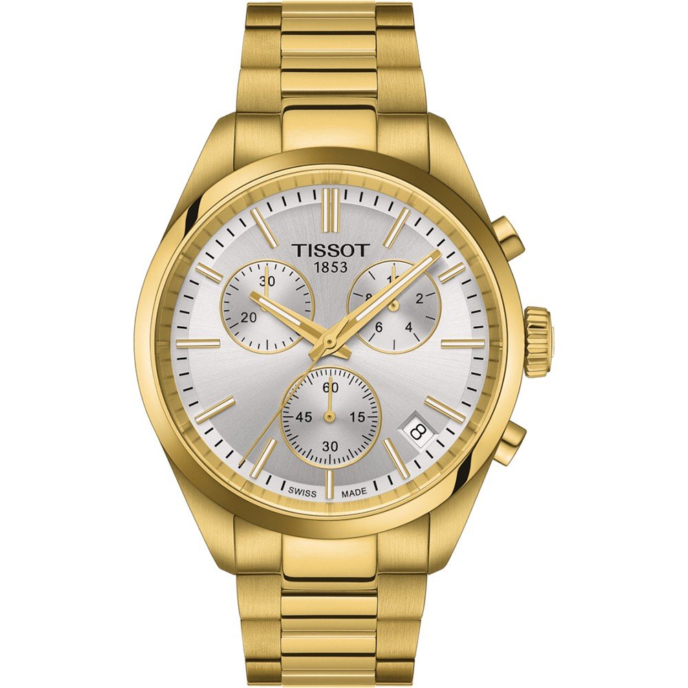 Montre Tissot PR 100 en acier inoxydable doré avec cadran argenté et chronographe.