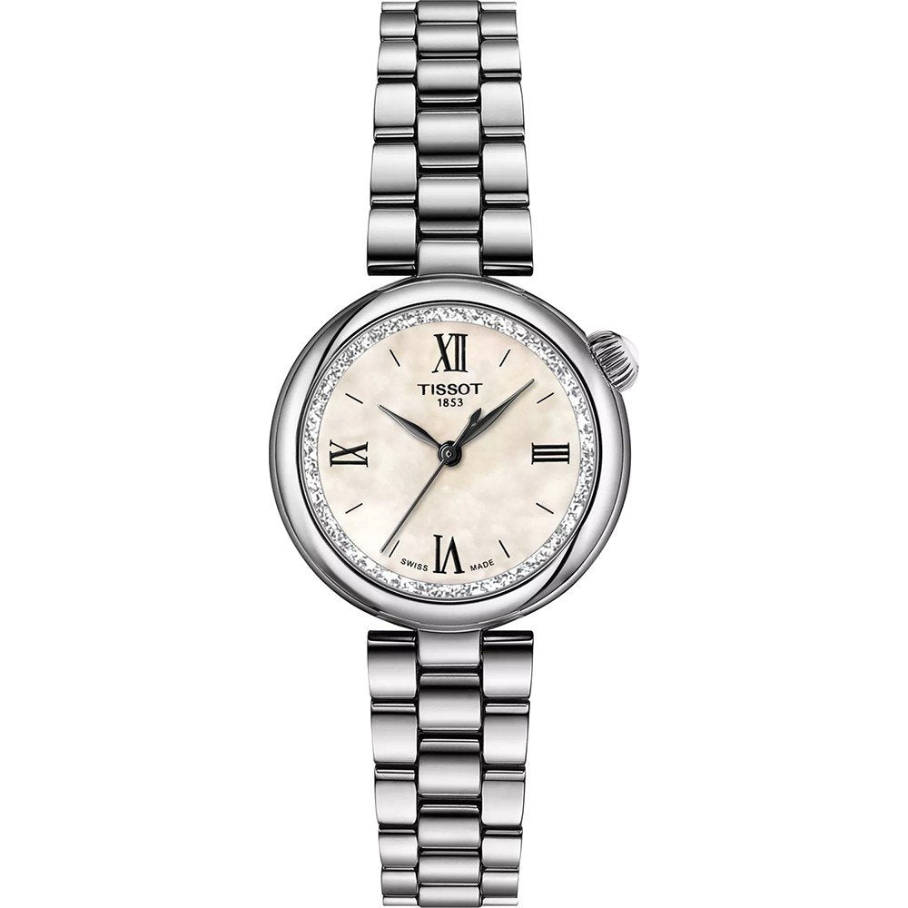 Montre Tissot Desir en acier inoxydable avec cadran argenté et cristaux autour du boîtier.