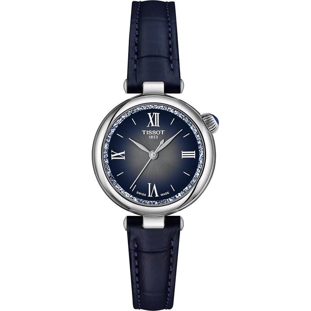 Montre Tissot Desir avec un cadran bleu, boîtier argenté et bracelet en cuir bleu.