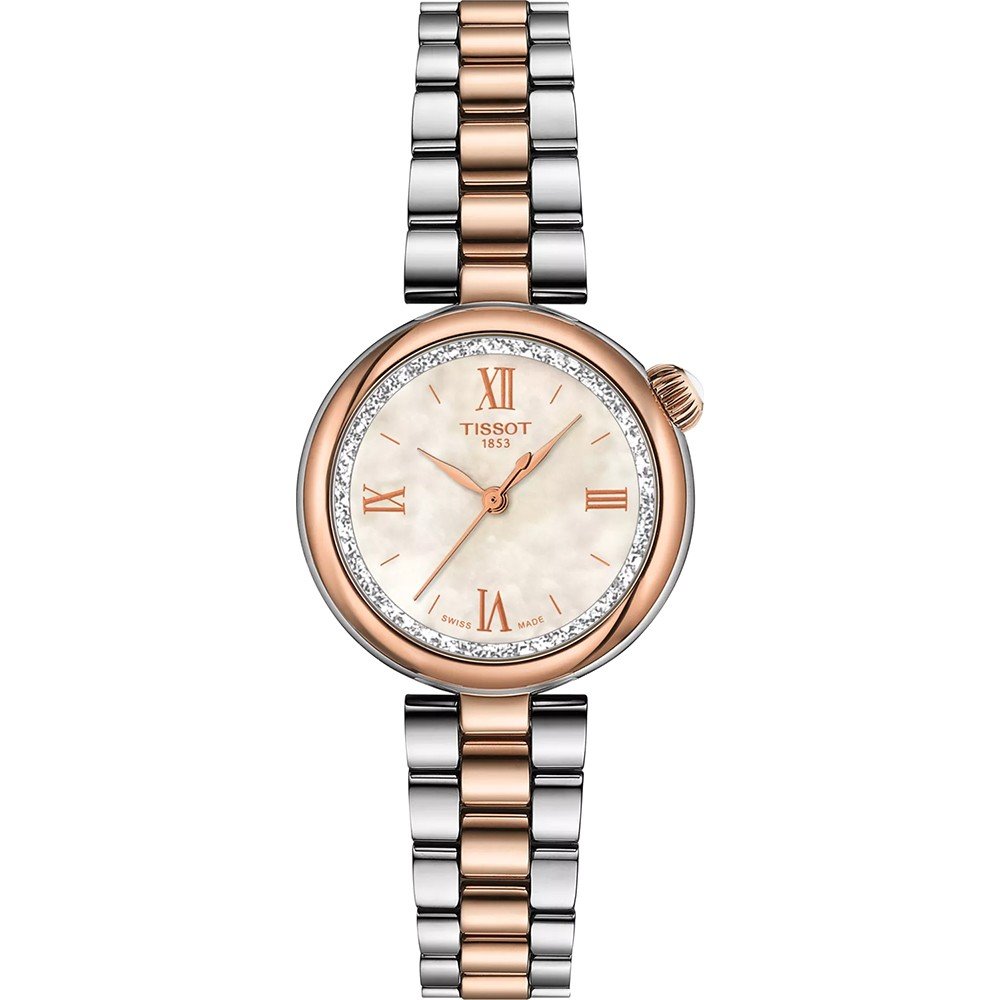 Montre Tissot Desir avec boîtier en acier inoxydable et or rose, cadran clair et chiffres romains, ornée de cristaux.