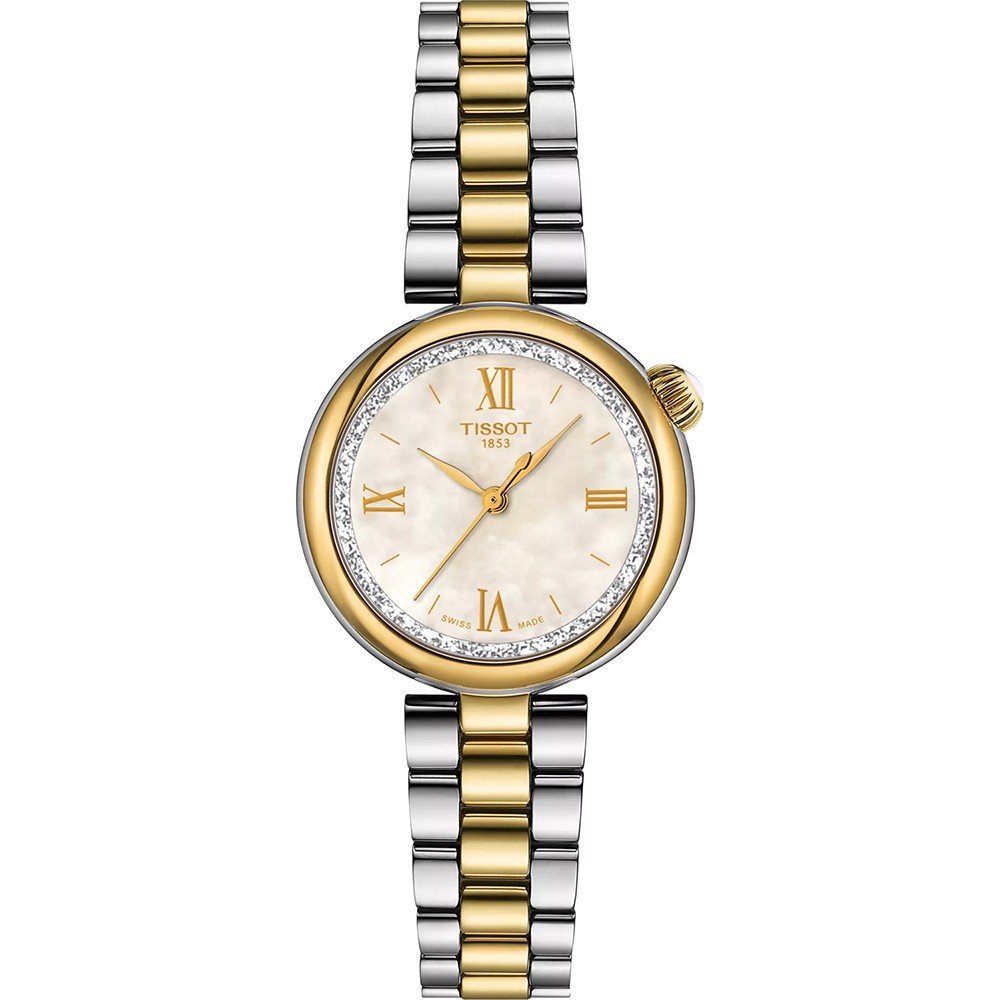 Montre Tissot de 28 mm avec boîtier argenté et doré, cadran nacré et chiffres romains.