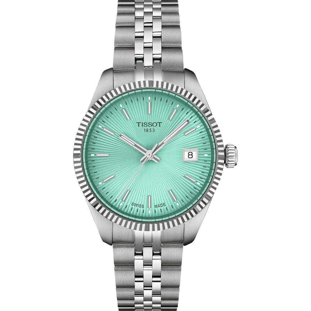 Montre Tissot avec un cadran turquoise, boîtier en acier inoxydable et bracelet à maillons.