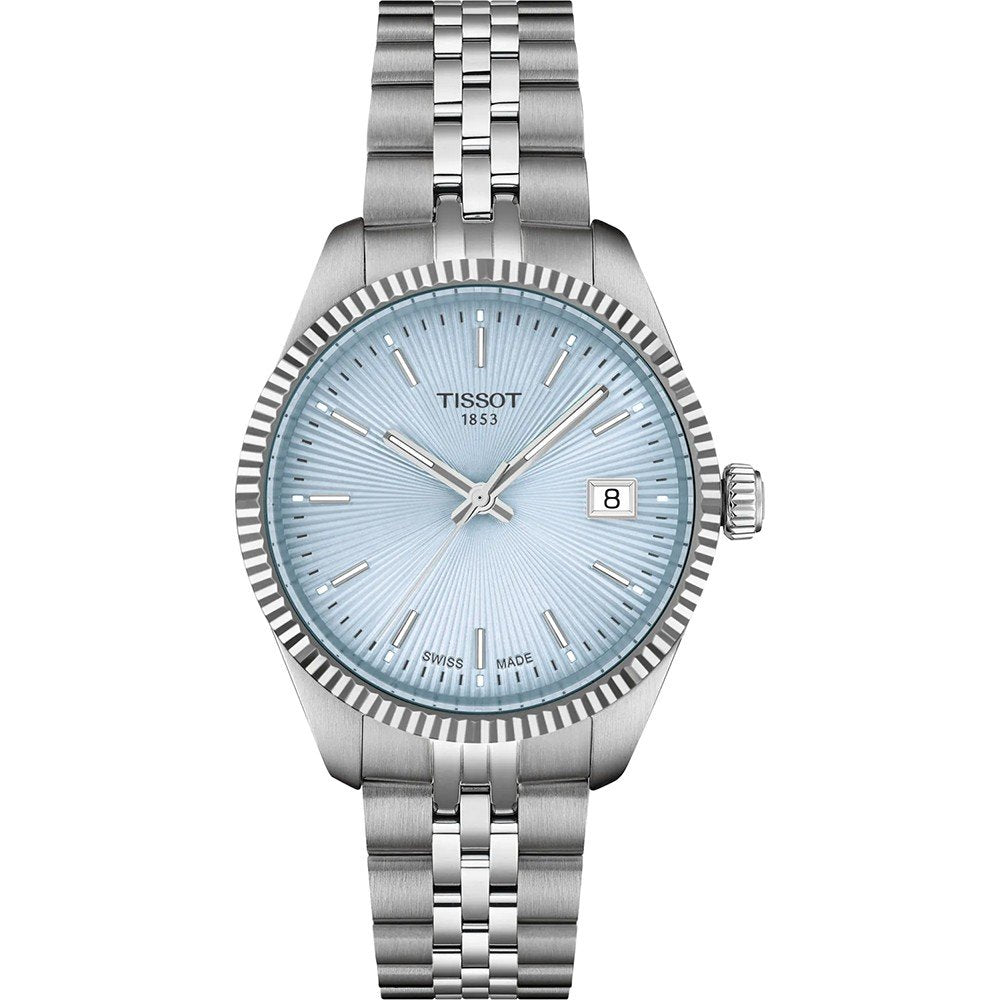 Montre Tissot de 34 mm avec un cadran bleu clair, boîtier en acier inoxydable et bracelet en acier.