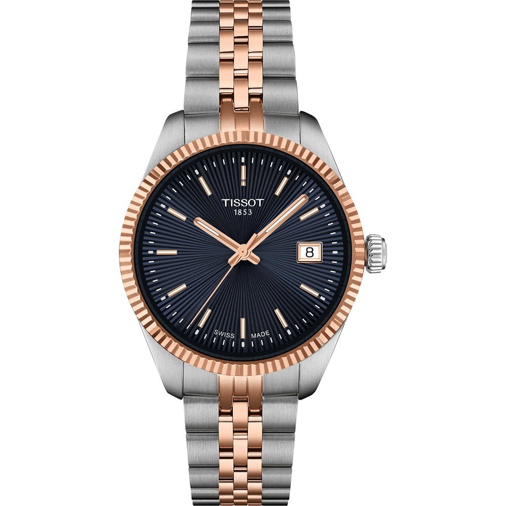 Montre Tissot avec boîtier en acier inoxydable et or rose, cadran bleu, bracelet bicolore.
