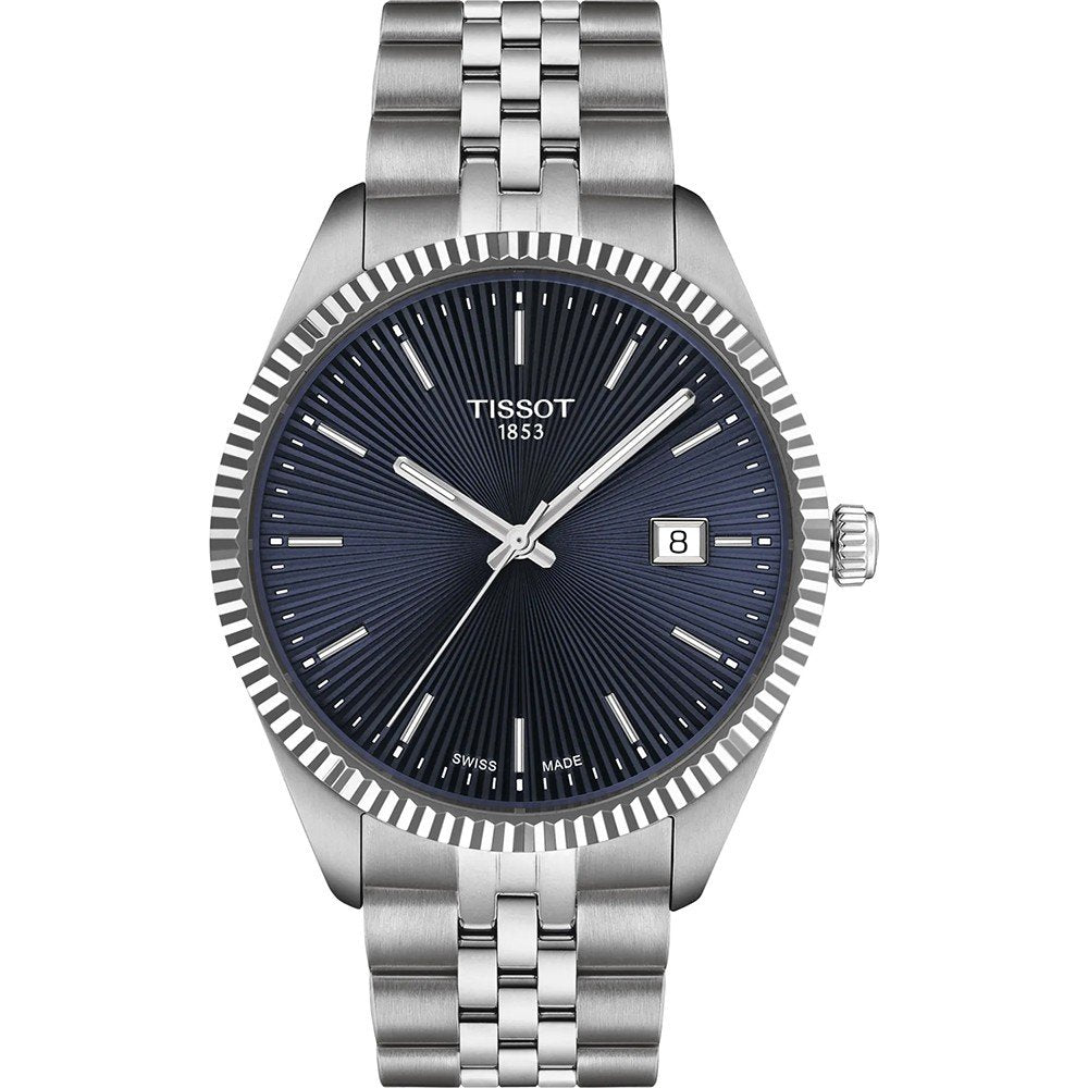 Montre Tissot avec un cadran bleu, boîtier en acier inoxydable et bracelet à maillons.
