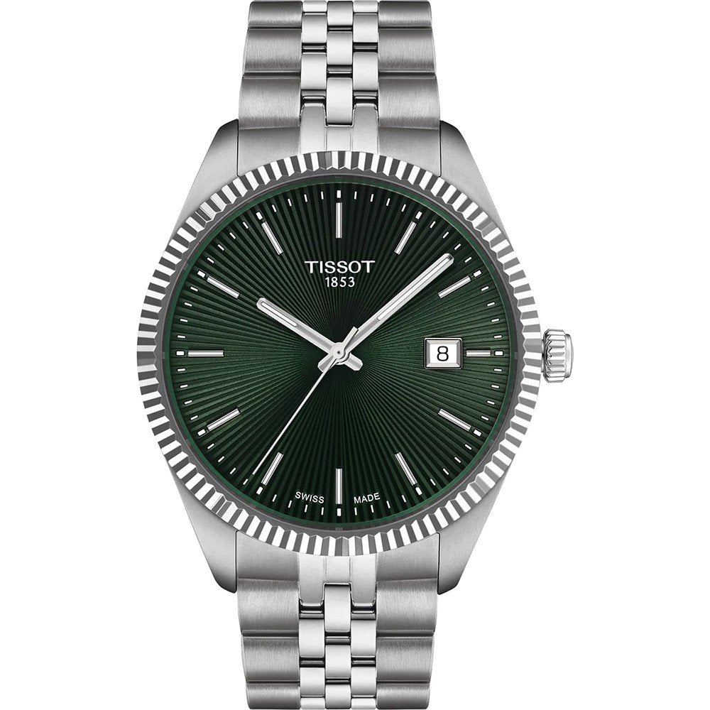 Montre Tissot de 40 mm avec un cadran vert et un bracelet en acier inoxydable.
