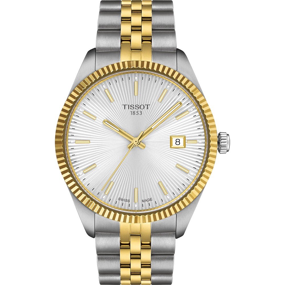 Montre Tissot avec boîtier en acier inoxydable, cadran argenté et bracelet bicolore doré et argenté.