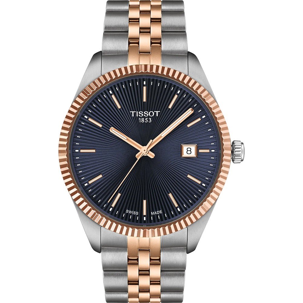 Montre Tissot avec boîtier en acier inoxydable et or rose, cadran bleu et bracelet à maillons.