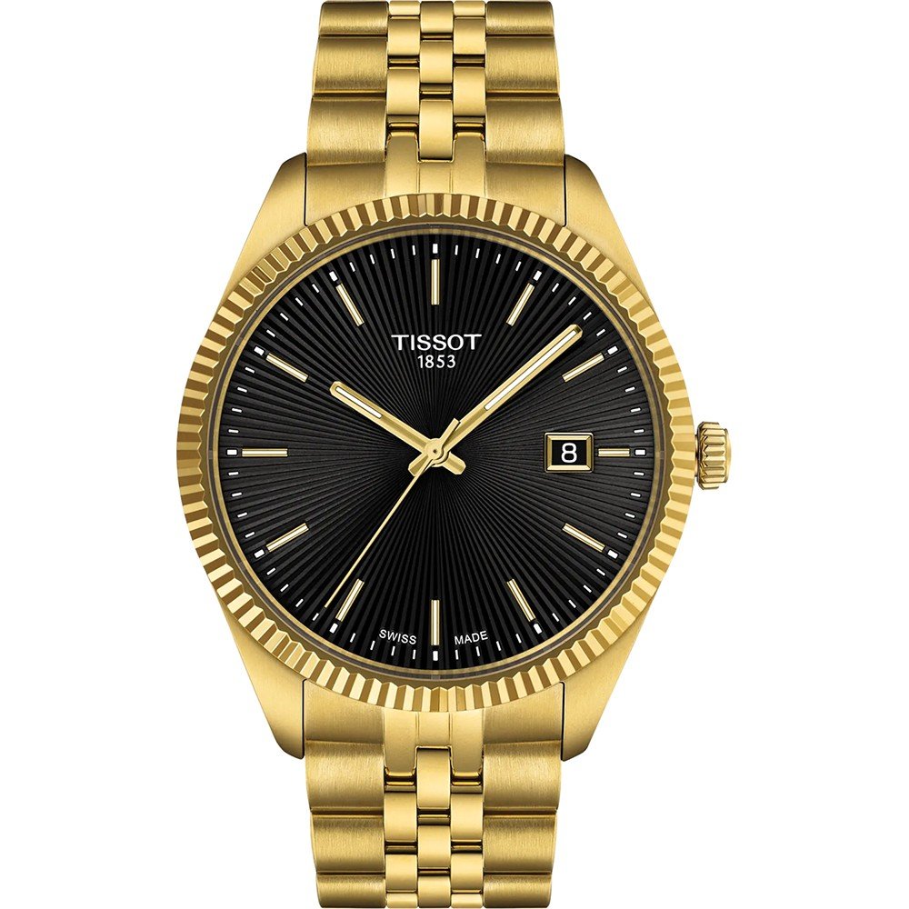 Montre Tissot avec boîtier doré, cadran noir, bracelet en acier doré et dateur.