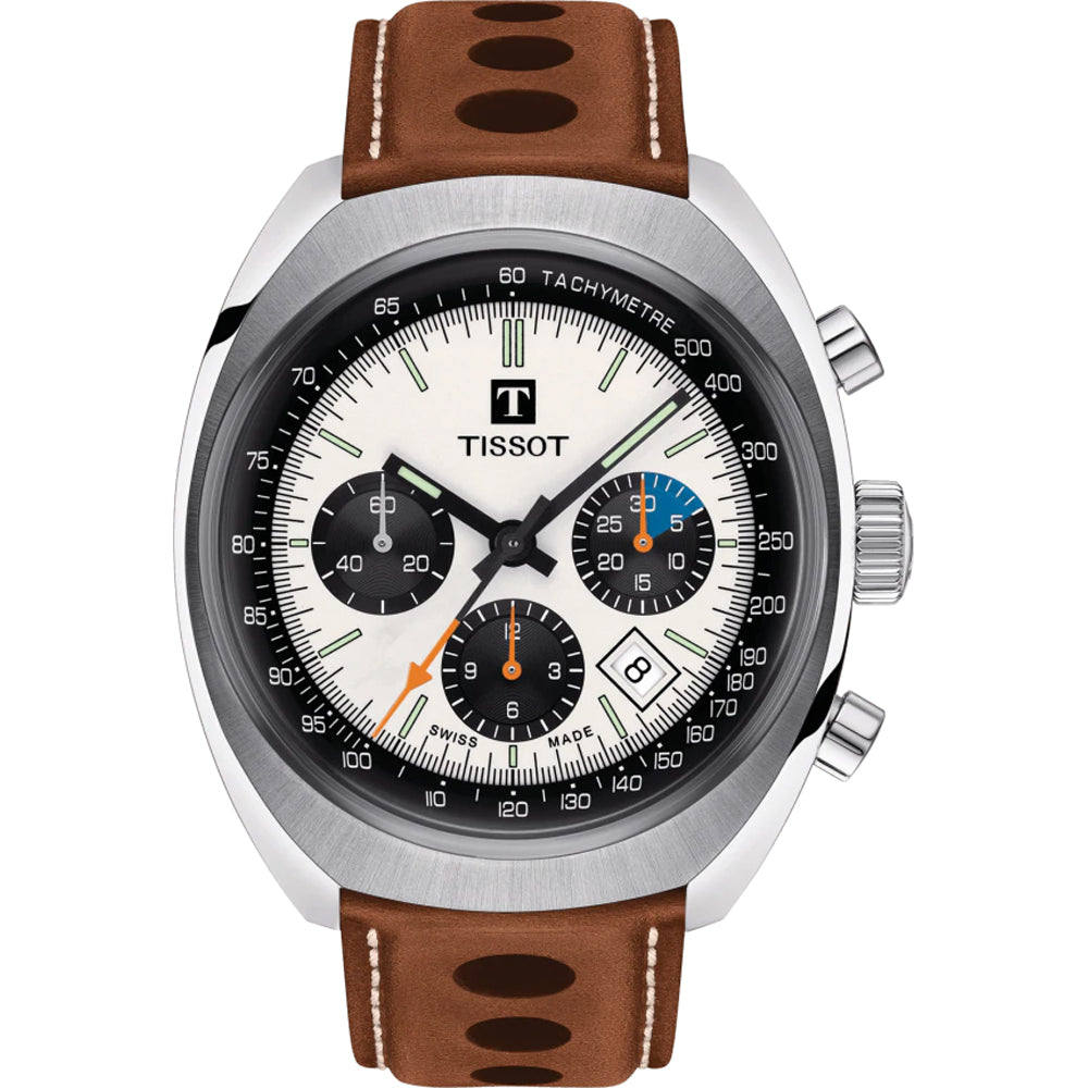 Montre Tissot Heritage 1973 avec boîtier en acier inoxydable, cadran blanc, chronographe et bracelet en cuir marron.