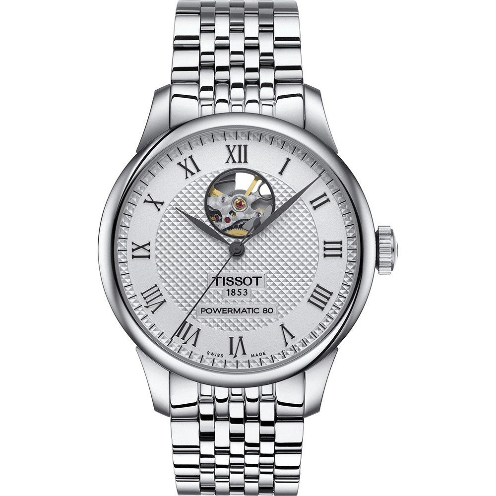 Montre Tissot Le Locle Powermatic 80 avec cadran argenté, boîtier en acier inoxydable et bracelet en acier tressé.