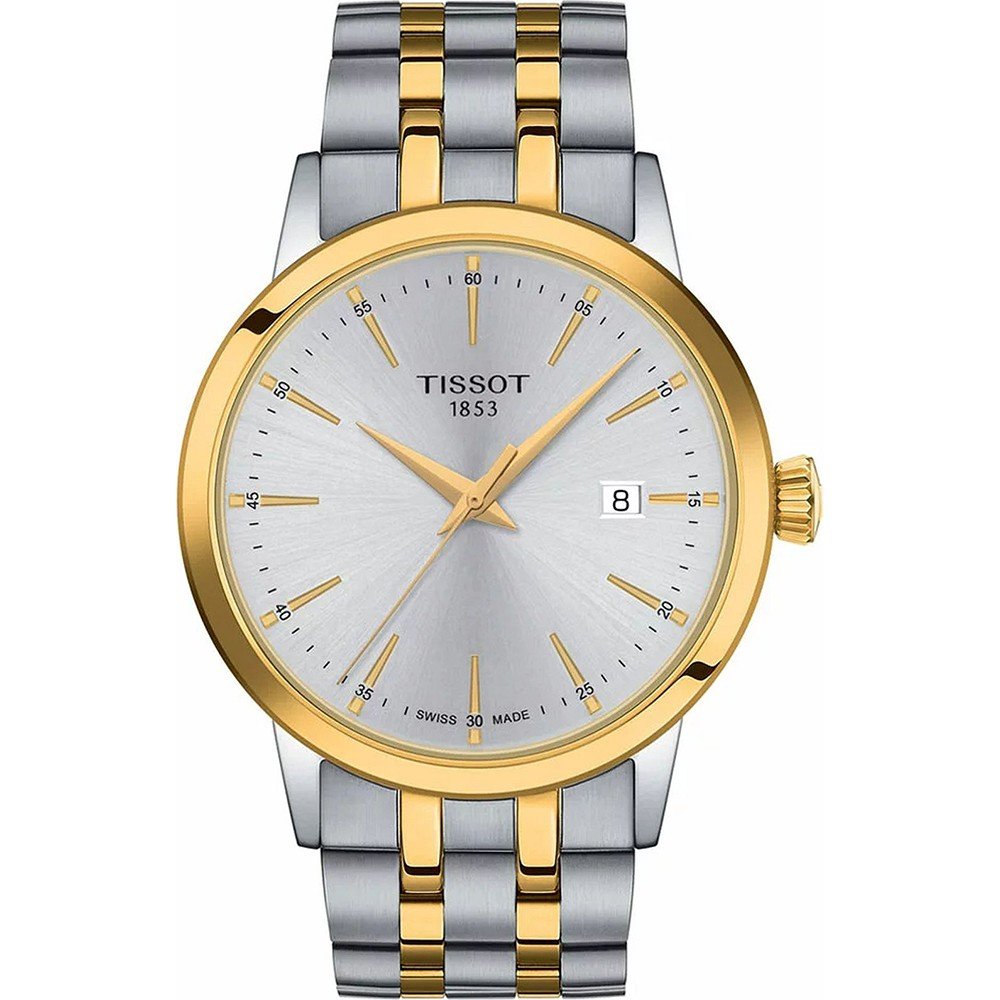Montre Tissot Classic Dream avec boîtier argenté et doré, cadran argenté et bracelet en acier inoxydable.